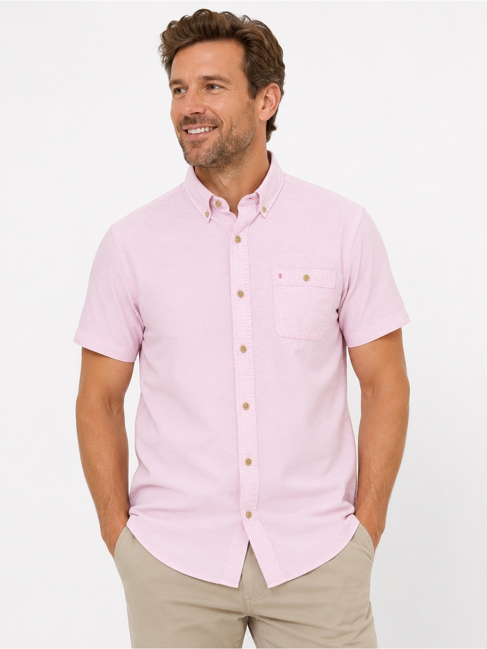 IZOD Saltwater Pink White Stripe Short Sleeve Button Up Shirt Men’s M Cotton
